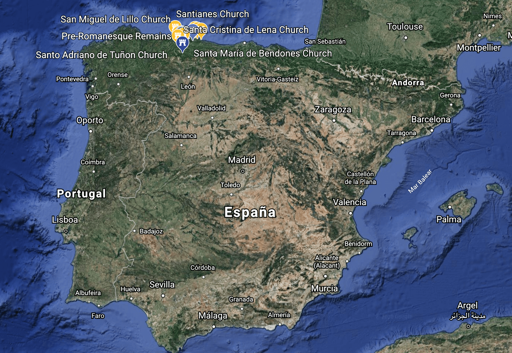 Map of the Iberian Peninsula with the pre-Romanesque buildings marked