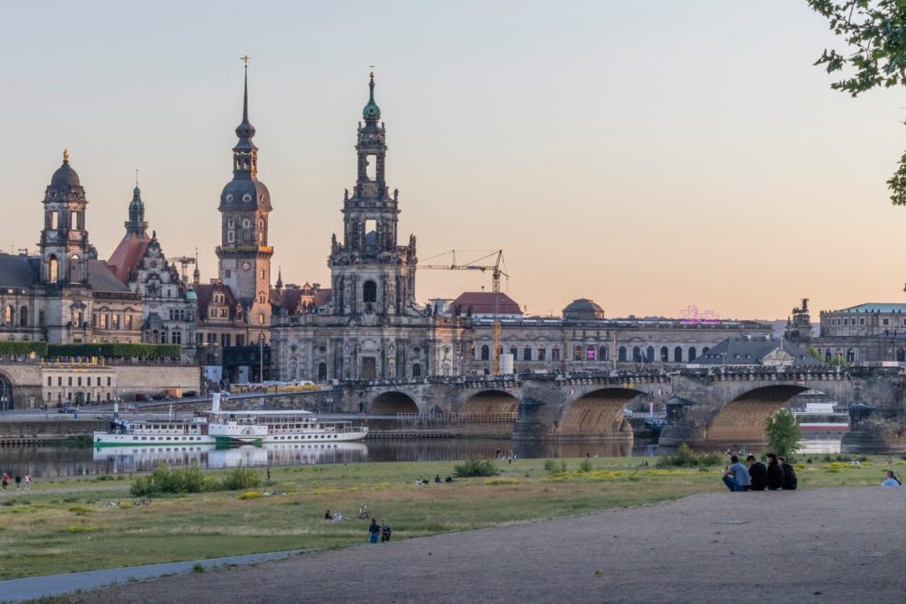 View of the Historic Architectural Buildings in Dresden as seen from the Elbe Valley.