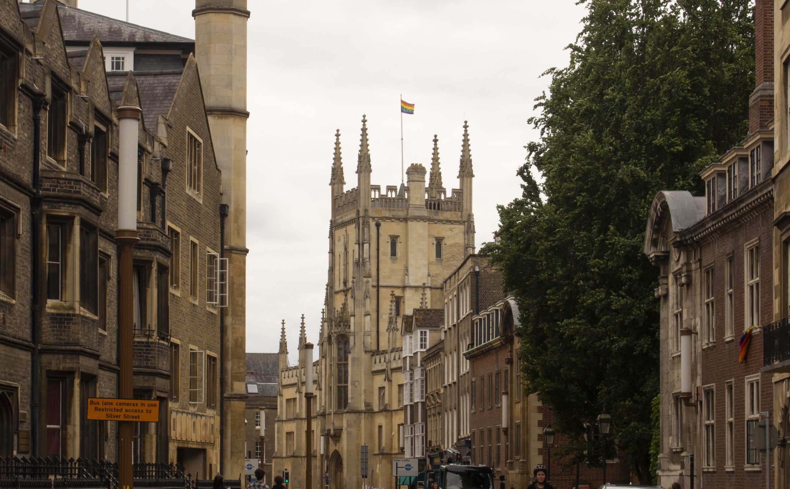 Tower in Cambridge with Pride flag