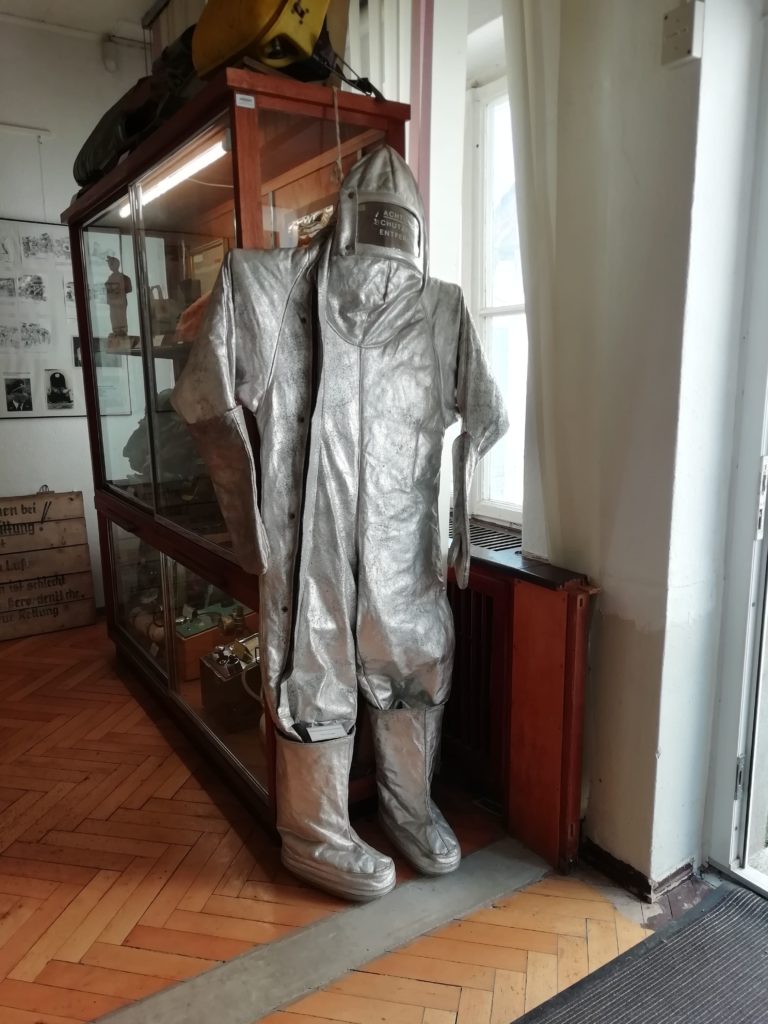 Uranium and protective costume sample from radioactive hazard, Uranbergbau, The Museum of Uranium mining.